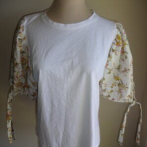 NWT New Womens White Zara Top Tee Shirt L with Floral Puff & Tie Sleeves